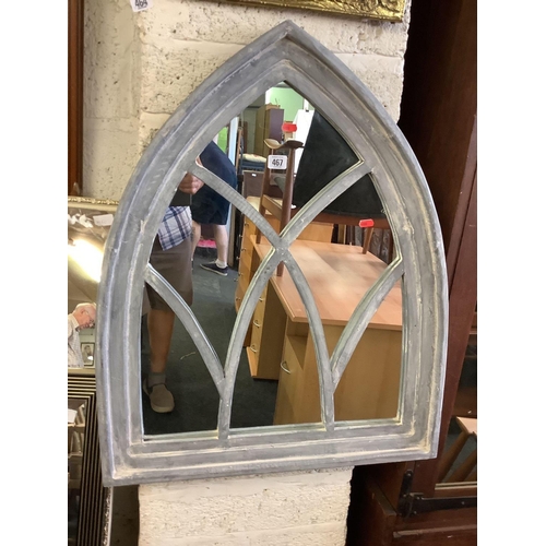 467 - WOOD FRAMED STONE EFFECT ARCH MIRROR GARDEN ORNAMENT