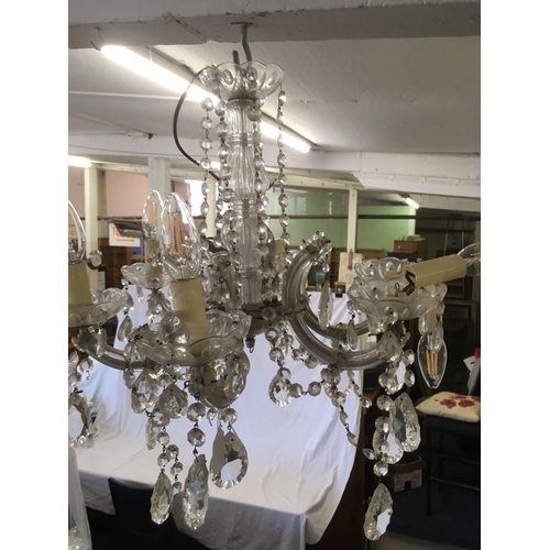 486 - GLASS 6 BRANCH CHANDELIER WITH MANY DROPLETS, NOT KNOWN IF COMPLETE