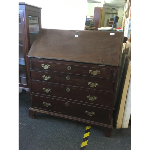 487 - GEORGIAN MAHOGANY WRITING BUREAU WITH FITTED INTERIOR & 4 LONG DRAWERS WITH BRASS DROP HANDLES & ESC... 