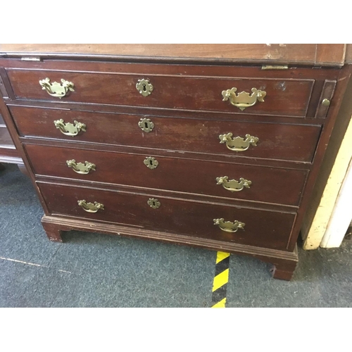 487 - GEORGIAN MAHOGANY WRITING BUREAU WITH FITTED INTERIOR & 4 LONG DRAWERS WITH BRASS DROP HANDLES & ESC... 