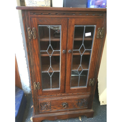 491 - MODERN OAK COLONIAL STYLE STACKING HI-FI CABINET WITH LEAD GLASS DOORS