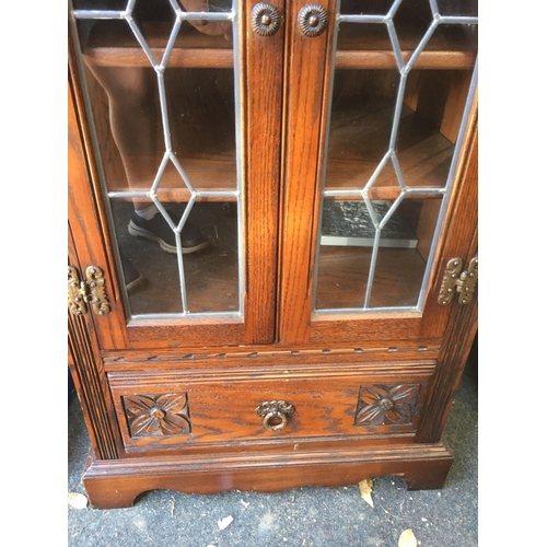 491 - MODERN OAK COLONIAL STYLE STACKING HI-FI CABINET WITH LEAD GLASS DOORS