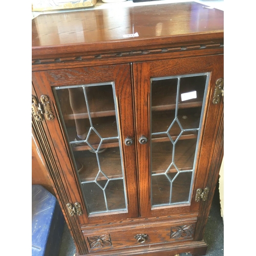 491 - MODERN OAK COLONIAL STYLE STACKING HI-FI CABINET WITH LEAD GLASS DOORS