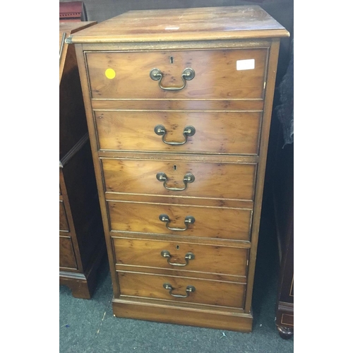 494 - YEW WOOD EFFECT FILING CABINET WITH BRASS DROP HANDLES