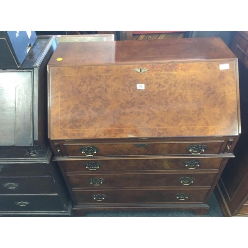 495 - REPRODUCTION BURR WALNUT BUREAU WITH FITTED INTERIOR & BRASS DROP HANDLES, 33'' WIDE