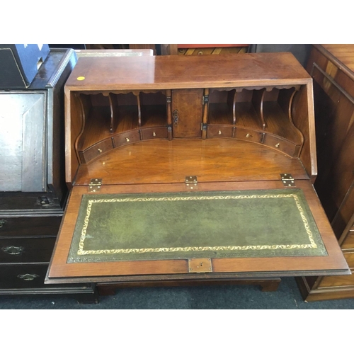 495 - REPRODUCTION BURR WALNUT BUREAU WITH FITTED INTERIOR & BRASS DROP HANDLES, 33'' WIDE