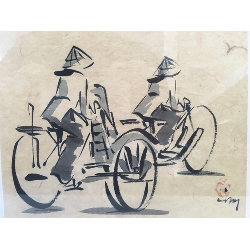 502 - AN ORIENTAL PEN, INK AND WATERCOLOUR DRAWING.  FIGURES ON BICYCLES. SIGNED WITH RED SEALS