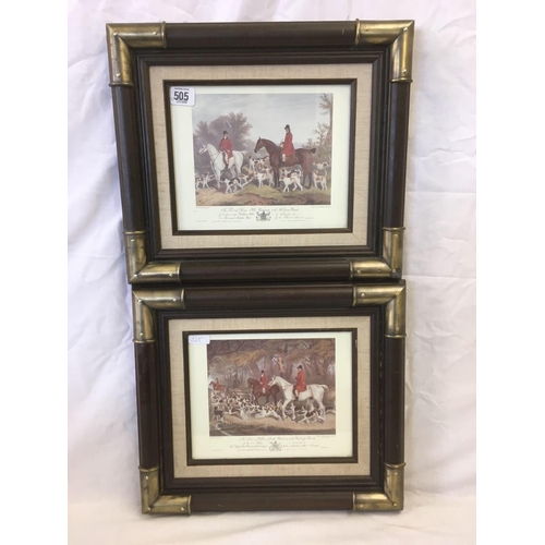 505 - PAIR OF COLOURED PRINTS OF 18THC HUNTING SCENES, IN BRASS MOUNTED FRAMES