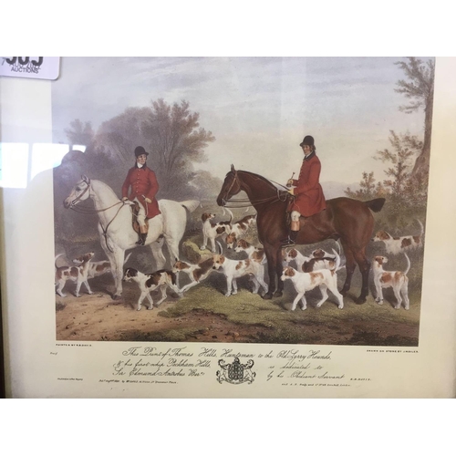 505 - PAIR OF COLOURED PRINTS OF 18THC HUNTING SCENES, IN BRASS MOUNTED FRAMES