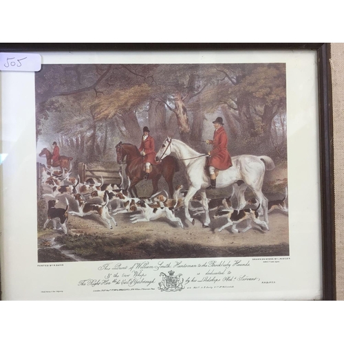 505 - PAIR OF COLOURED PRINTS OF 18THC HUNTING SCENES, IN BRASS MOUNTED FRAMES