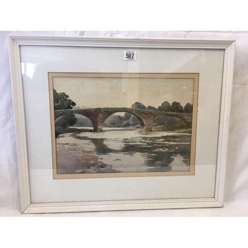 507 - WATERCOLOUR OF AN OLD BRIDGE ACROSS A RIVER, ENTITLED ''THE OLD PACKHORSE BRIDGE, HURST GREEN'', SIG... 