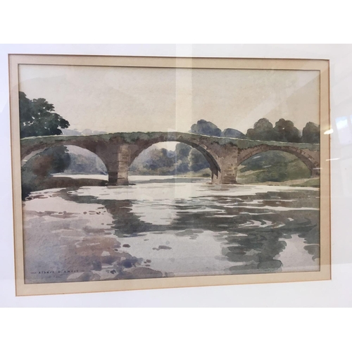 507 - WATERCOLOUR OF AN OLD BRIDGE ACROSS A RIVER, ENTITLED ''THE OLD PACKHORSE BRIDGE, HURST GREEN'', SIG... 