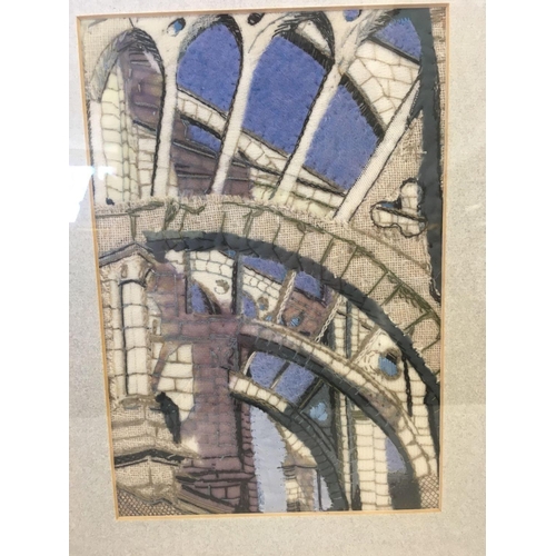 511 - PAIR OF HAND SEWN TEXTILE PICTURES ONE ENTITLED ''FLYING BUTTRESSES OF CHARTRES CATHEDRAL'' AND THE ... 