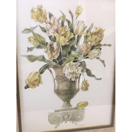 514 - PAIR OF STILL LIFE PICTURES OF VASES OF TULIPS IN DECORATIVE FRAMES AND MOUNTS