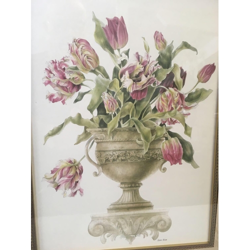 514 - PAIR OF STILL LIFE PICTURES OF VASES OF TULIPS IN DECORATIVE FRAMES AND MOUNTS