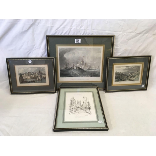 520 - 3 LOCAL ANTIQUE COLOURED ENGRAVINGS; 1] ''THE PRINCE OF ORANGE LANDING IN TORBAY'', AFTER TURNER, ''... 