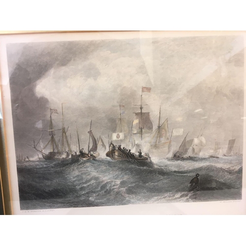 520 - 3 LOCAL ANTIQUE COLOURED ENGRAVINGS; 1] ''THE PRINCE OF ORANGE LANDING IN TORBAY'', AFTER TURNER, ''... 