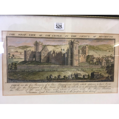 524 - EARLY 18THC HAND-COLOURED ENGRAVING THE WEST VIEW OF USK CASTLE IN THE COUNTY OF MONMOUTH'' PUBLISHE... 