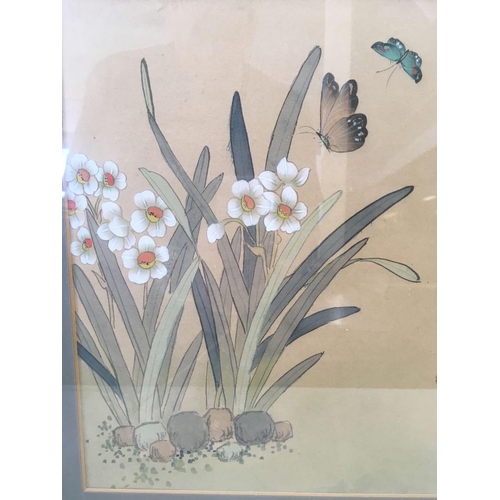 525 - ORIENTAL SCHOOL, WATERCOLOUR ON SILK OF SPRING FLOWERS WITH BUTTERFLIES.  SIGNED AND STAMPED WITH RE... 