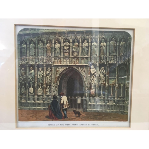 529 - AN ANTIQUE COLOUR PRINT OF ''THE SCREEN AT THE WEST FRONT OF EXETER CATHEDERAL'' TOGETHER WITH THREE... 