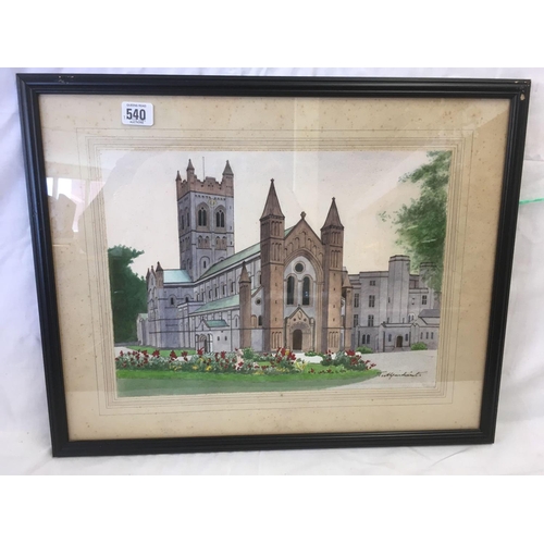 540 - THOMAS MAIDMENT. [1871-1960] A VIEW OF BUCKFAST ABBEY. SIGNED WATERCOLOUR