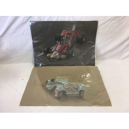 542 - TWO PASTEL DRAWINGS OF RACING CARS INCLUDING A 1939 JAGUAR MODEL SS 100. BOTH SIGNED COLIN BROWN