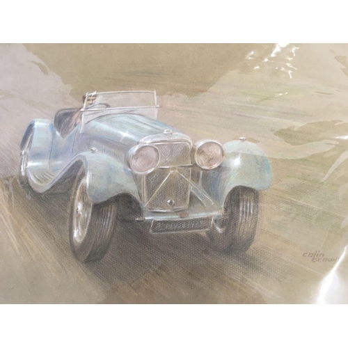 542 - TWO PASTEL DRAWINGS OF RACING CARS INCLUDING A 1939 JAGUAR MODEL SS 100. BOTH SIGNED COLIN BROWN