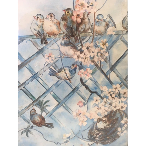 543 - ''THE SPARROW PARTY'' A WATERCOLOUR OF A FLOCK OF SPARROWS ON A FENCE WITH APPLE BLOSSOM