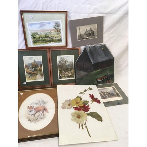 546 - BOX OF ASSORTED PAINTINGS: A VIEW OF A BARN ON SLATE PANEL, STILL LIFE OF FLOWERS, OIL ON MILK GLASS... 