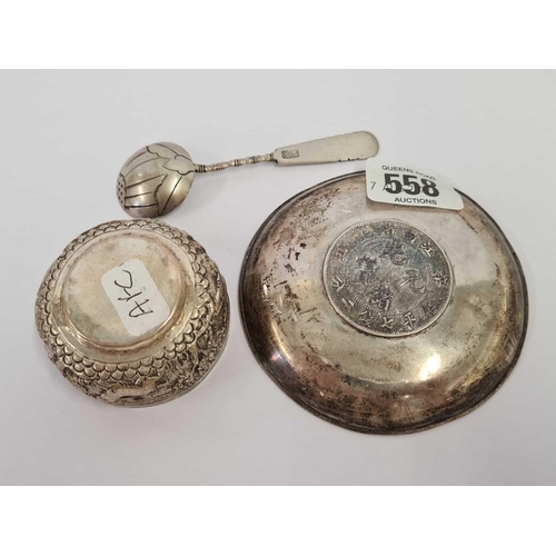 558 - SMALL SILVER DISH INSET WITH A 2 CANDAREENS COIN, AN EMBOSSED POT & SPOON