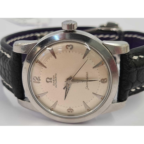 575 - 1950'S STAINLESS STEEL OMEGA SEAMASTER GENTS WRIST WATCH WITH BUMPER MOVEMENT & GENUINE OMEGA DEPLOY... 