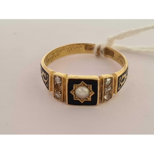 582 - VICTORIAN 18ct GOLD MOURNING RING INSET WITH PEARLS & DIAMOND, INSCRIBED 1892, 1 STONE MISSING, SIZE... 