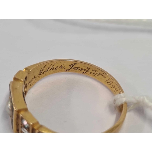 582 - VICTORIAN 18ct GOLD MOURNING RING INSET WITH PEARLS & DIAMOND, INSCRIBED 1892, 1 STONE MISSING, SIZE... 