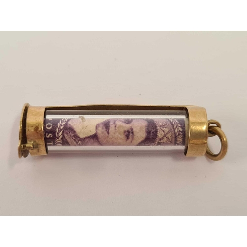 637 - TWO 9CT GOLD ''EMERGENCY'' CHARMS CONTAINING A ONE POUND NOTE THE OTHER A STAMP, 5.6 G