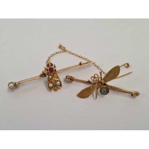 639 - 2 GOLD COLOURED INSECT BAR BROOCHES, STONES MISSING POSSIBLY GOLD