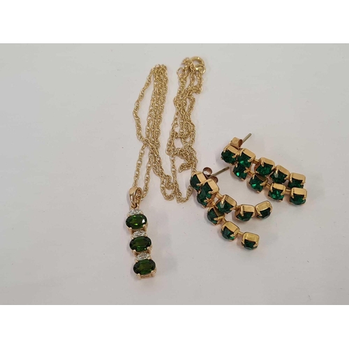 651 - 9ct DIAMOND & GOLD PENDANT WITH GREEN STONES ON CHAIN & 2 GOLD COLOURED EARRINGS