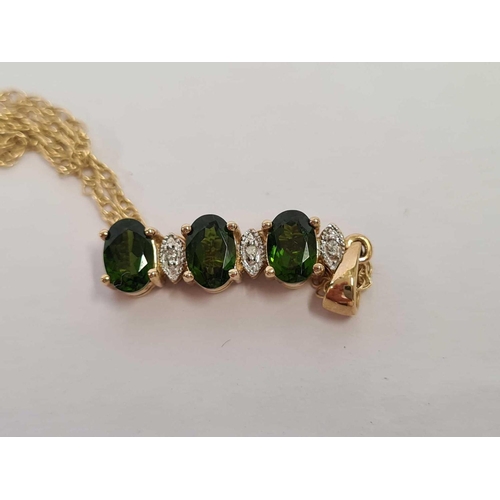 651 - 9ct DIAMOND & GOLD PENDANT WITH GREEN STONES ON CHAIN & 2 GOLD COLOURED EARRINGS