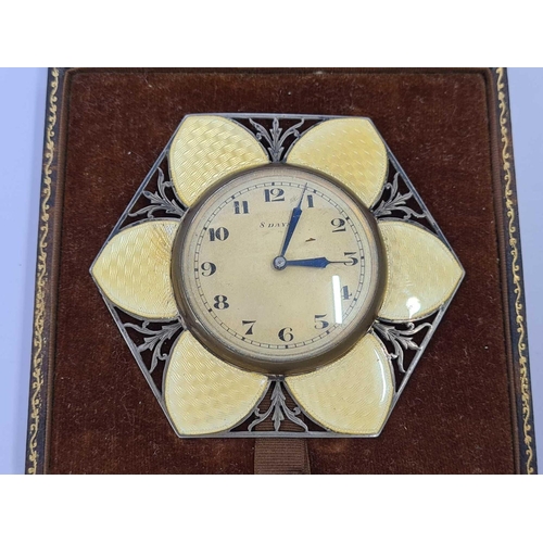 654 - SILVER & YELLOW GUILLOCHE PETAL SHAPED TRAVEL CLOCK,ENAMEL ON 1 PETAL DAMAGED, NOT WORKING, IN CASE