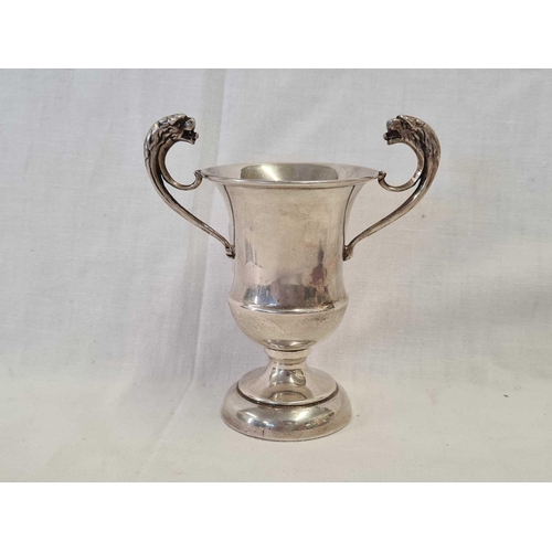 672 - SILVER TROPHY CUP WITH LION MASK HANDLES, 94g