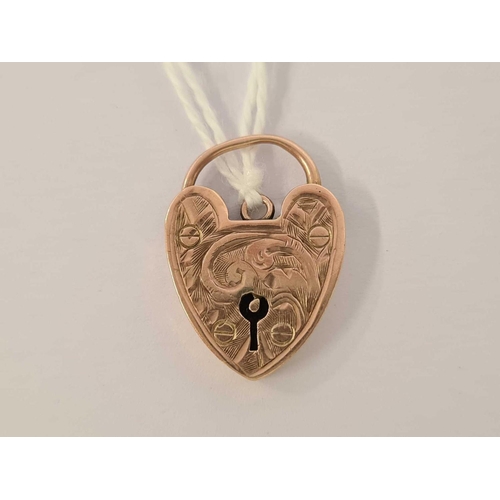 675 - ANTIQUE 9ct ENGRAVED ROSE GOLD HEART SHAPED PADLOCK, 2.3g