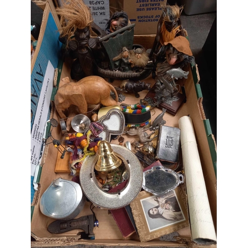 76 - 2 CARTONS OF MISC FIGURINES, TROLLS, CHINAWARE & METAL ITEMS