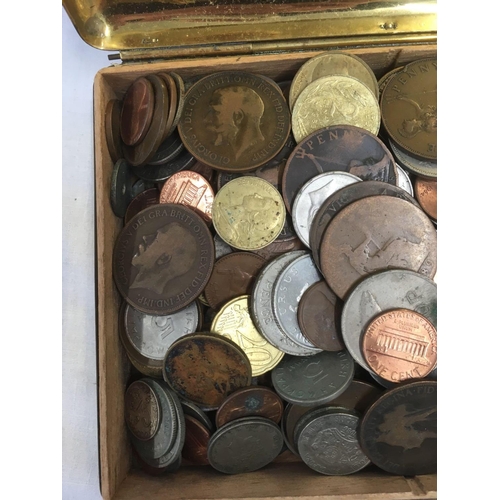 778 - QTY OF MISC COINAGE IN A BRASS STATE EXPRESS CIGARETTE BOX