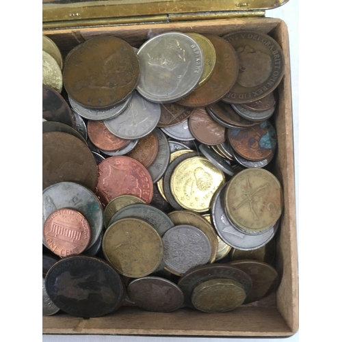 778 - QTY OF MISC COINAGE IN A BRASS STATE EXPRESS CIGARETTE BOX