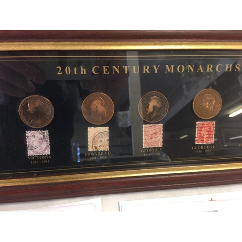 790 - 2 FRAMED COINS, 1 20TH CENTURY MONARCHS & COINS FROM HALF CROWN THROUGH TO 1 FARTHING FROM THE STERL... 