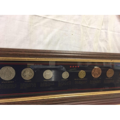 790 - 2 FRAMED COINS, 1 20TH CENTURY MONARCHS & COINS FROM HALF CROWN THROUGH TO 1 FARTHING FROM THE STERL... 