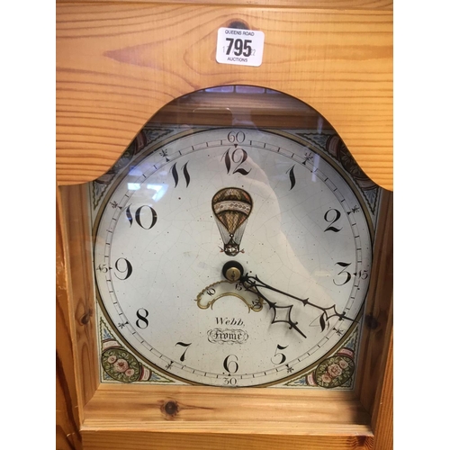 795 - PINE LONG CASED CLOCK WITH A REPRODUCTION DIAL BY WEBB OF FROME