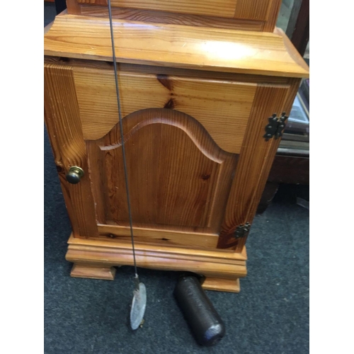 795 - PINE LONG CASED CLOCK WITH A REPRODUCTION DIAL BY WEBB OF FROME