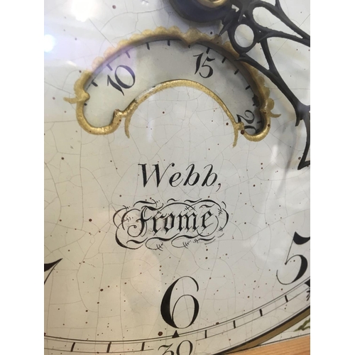 795 - PINE LONG CASED CLOCK WITH A REPRODUCTION DIAL BY WEBB OF FROME