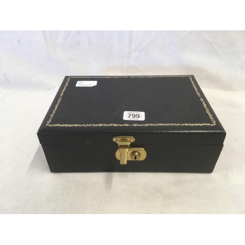 799 - BLACK JEWELLERY BOX OF COSTUME JEWELLERY