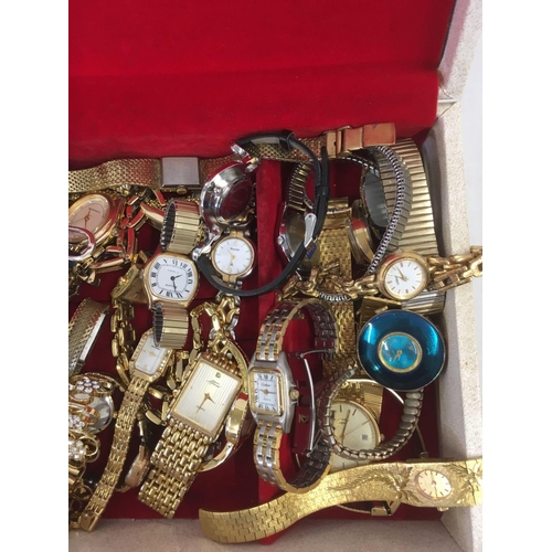 807 - TRINKET BOX OF MISC GENTS & LADIES GOLD COLOURED WRIST WATCHES